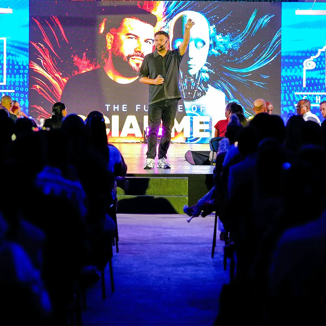 Corporate presentation design showing a business presentation being delivered to an executive audience.